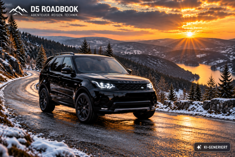 KI-generiertes Beitragsbild eines schwarzen Land Rover Discovery 5 auf winterlicher Bergstraße im Sauerland bei Sonnenuntergang, mit D5 Roadbook Wasserzeichen.